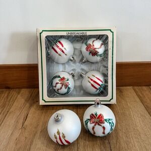 VTG Trim A Home Christmas Bulb Ornaments Unbreakable New 6 White Glitter Red Bow